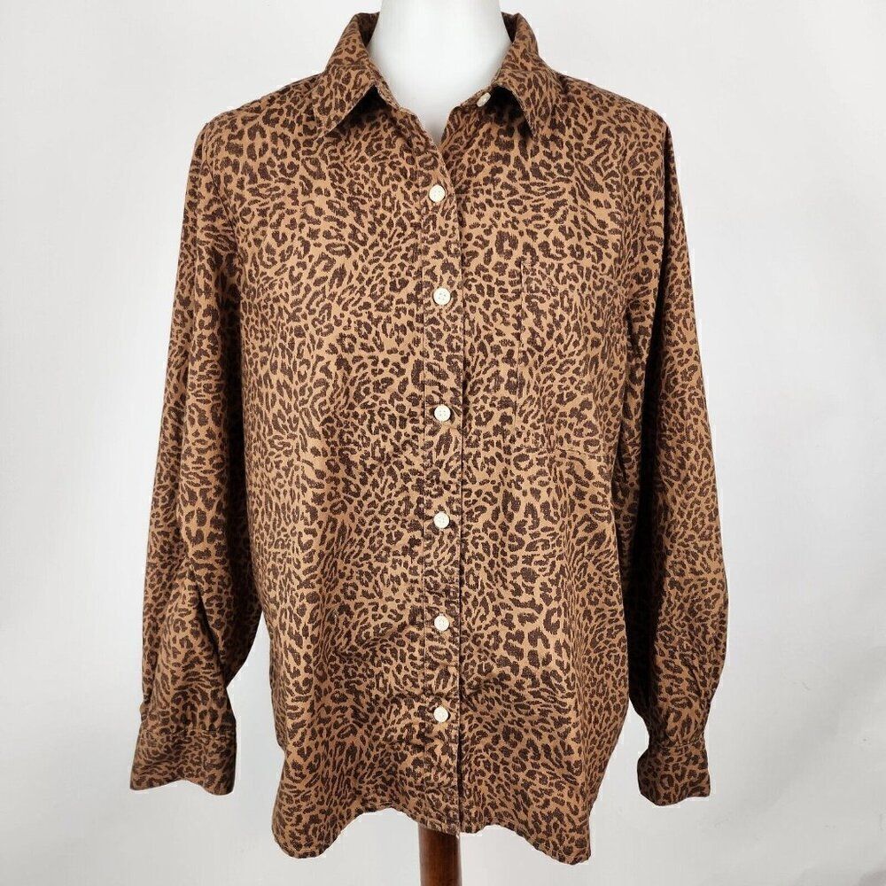 Style & Co. Collection Leopard Print Poplin Button Down Long Sleeve Top Womens L